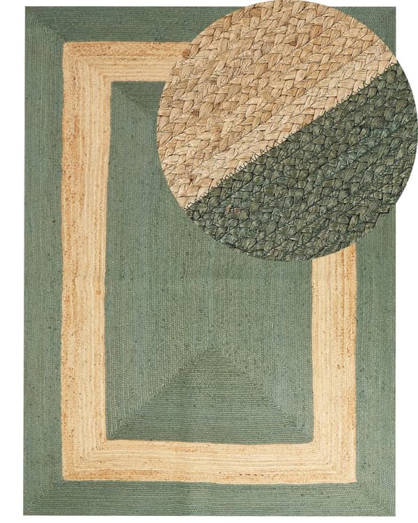 Gulvtæppe Beige Grøn Jute 300 x 400 cm Natur Tæppe Mønster Rustik Boho Stil Fladvævet Gulvtæp Flettet Jutetæppe til Sofabord Indretning