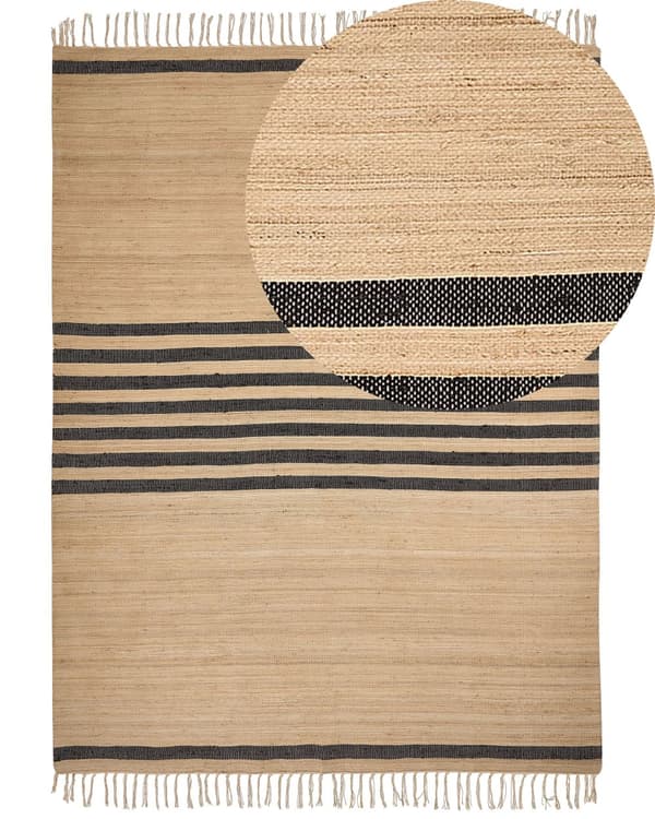Gulvtæppe Beige Jute 160 x 230 cm Natur Tæppe Stribet Rustik Boho Stil Fladvævet Gulvtæp Flettet Jutetæppe til Sofabord Indretning Tilbehør