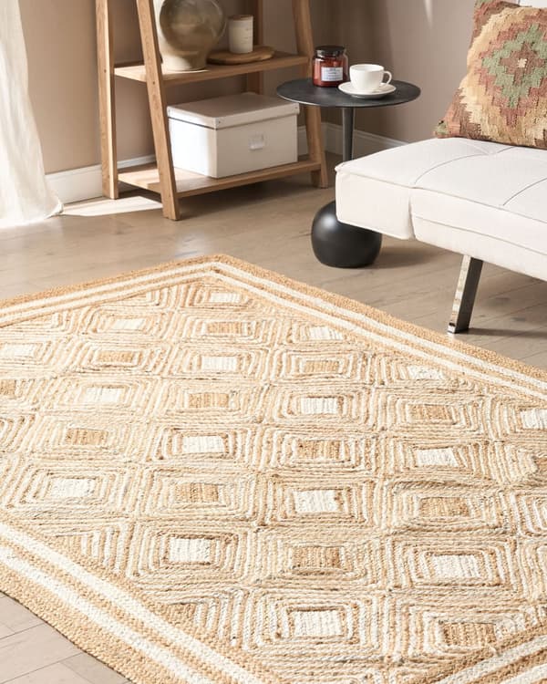 Gulvtæppe Beige Jute 160 x 230 cm Natur Tæppe Mønster Rustik Boho Stil Fladvævet Gulvtæp Flettet Jutetæppe til Sofabord Indretning Tilbehør