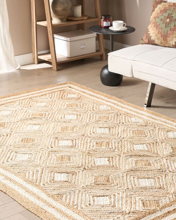 Gulvtæppe Beige Jute 160 x 230 cm Natur Tæppe Mønster Rustik Boho Stil Fladvævet Gulvtæp Flettet Jutetæppe til Sofabord Indretning Tilbehør
