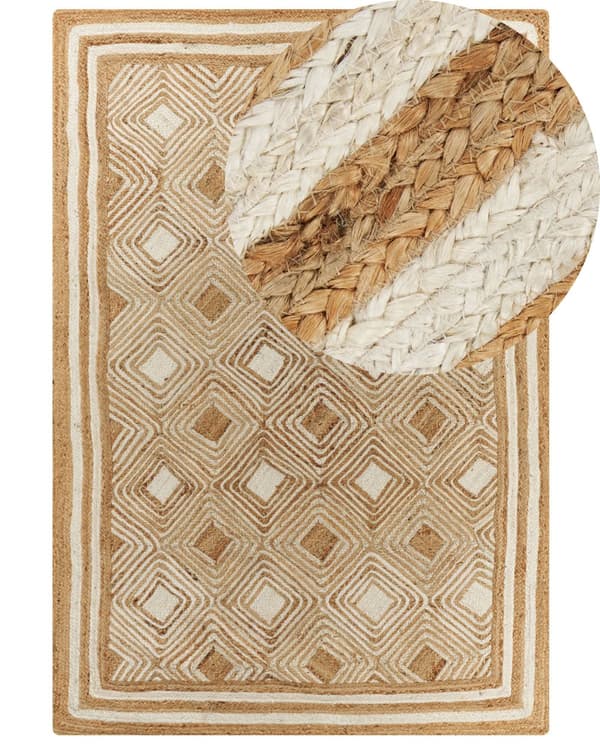 Gulvtæppe Beige Jute 160 x 230 cm Natur Tæppe Mønster Rustik Boho Stil Fladvævet Gulvtæp Flettet Jutetæppe til Sofabord Indretning Tilbehør
