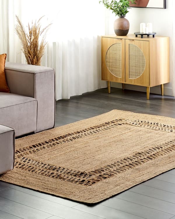 Gulvtæppe Beige Jute 160 x 230 cm Natur Tæppe Mønster Rustik Boho Stil Fladvævet Gulvtæp Flettet Jutetæppe til Sofabord Indretning Tilbehør