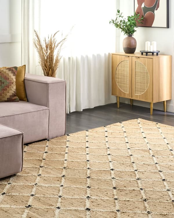Gulvtæppe Beige Jute 300 x 400 cm Natur Tæppe Mønster Rustik Boho Stil Fladvævet Gulvtæp Flettet Jutetæppe til Sofabord Indretning Tilbehør
