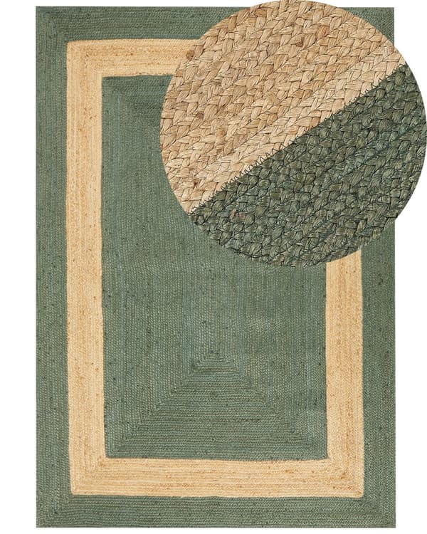 Gulvtæppe Beige Grøn Jute 160 x 230 cm Natur Tæppe Mønster Rustik Boho Stil Fladvævet Gulvtæp Flettet Jutetæppe til Sofabord Indretning