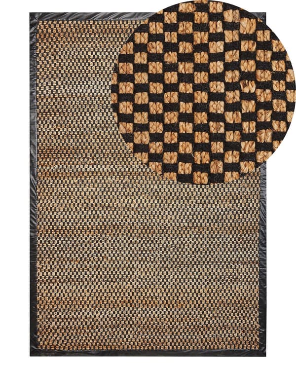 Gulvtæppe Sort Beige Læder Jute og Filt 140 x 200 cm Fladvævet Lædertæppe Ternet Gingham Mønster Rustik Boho til Soveværelset Entré Indretning