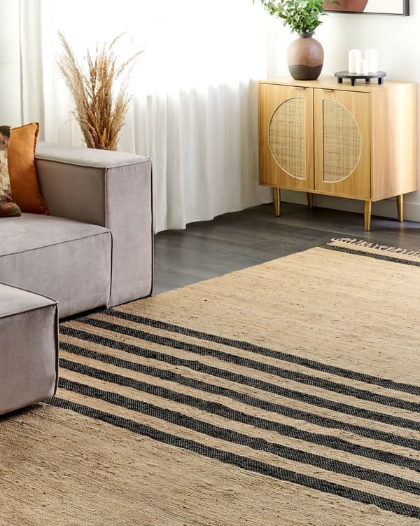 Gulvtæppe Beige Jute 300 x 400 cm Natur Tæppe Stribet Rustik Boho Stil Fladvævet Gulvtæp Flettet Jutetæppe til Sofabord Indretning Tilbehør