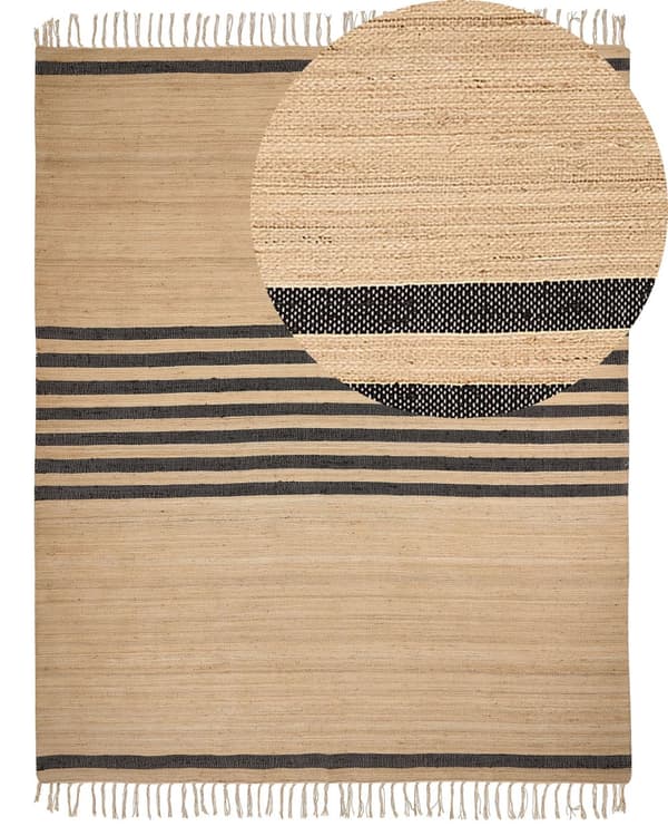 Gulvtæppe Beige Jute 300 x 400 cm Natur Tæppe Stribet Rustik Boho Stil Fladvævet Gulvtæp Flettet Jutetæppe til Sofabord Indretning Tilbehør