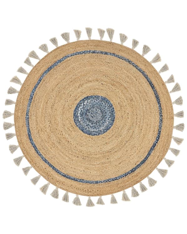 Matta Beige och Blå Jute ø 140 cm Rund Handvävd med Dekorativa Tofsar Boho Stil Hall Vardagsrum Sovrum