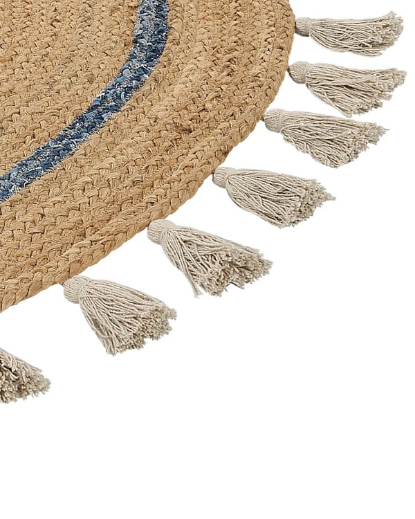 Matta Beige och Blå Jute ø 140 cm Rund Handvävd med Dekorativa Tofsar Boho Stil Hall Vardagsrum Sovrum