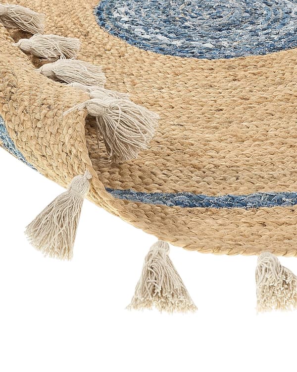 Matta Beige och Blå Jute ø 140 cm Rund Handvävd med Dekorativa Tofsar Boho Stil Hall Vardagsrum Sovrum