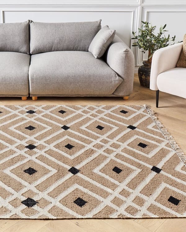 Beige bomuldsjutetæppe 160 x 230 cm flettet håndlavet med kvaster naturlig boho-stil