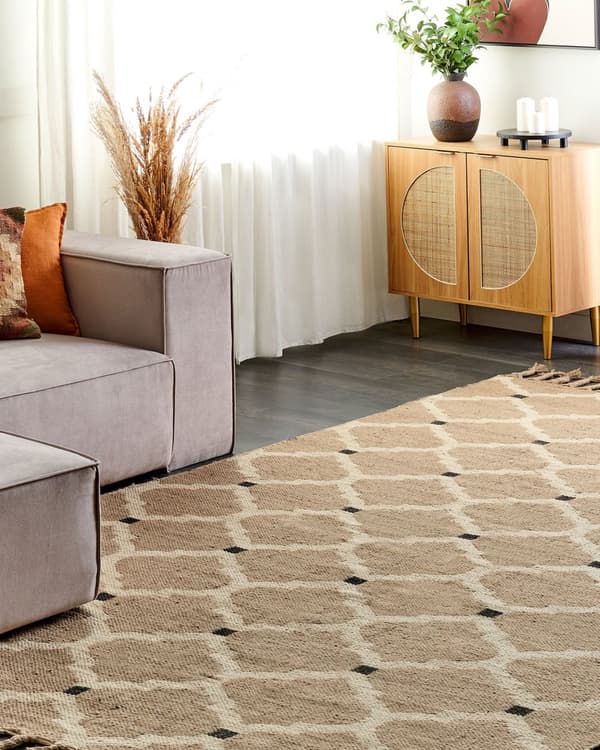 Beige bomuldsjutetæppe 200 x 300 cm flettet håndlavet med kvaster naturlig boho-stil