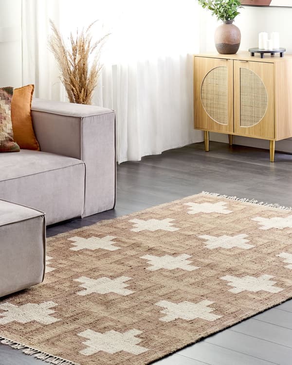 Beige bomuldsjutetæppe 160 x 230 cm flettet håndlavet med kvaster naturlig boho-stil