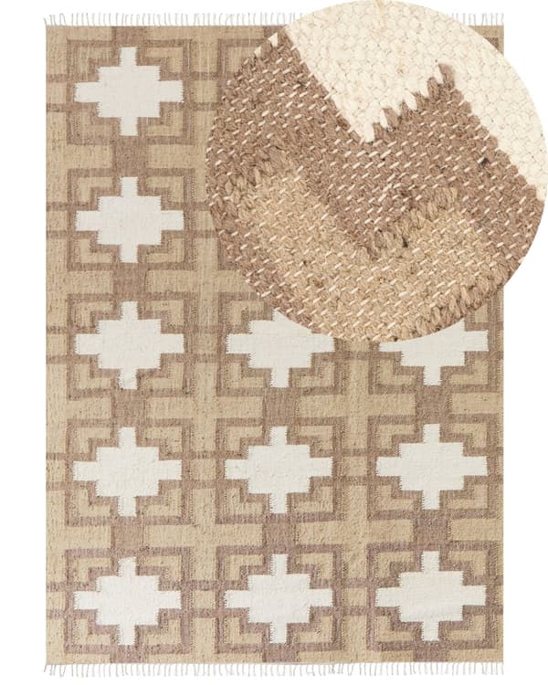 Beige bomuldsjutetæppe 160 x 230 cm flettet håndlavet med kvaster naturlig boho-stil