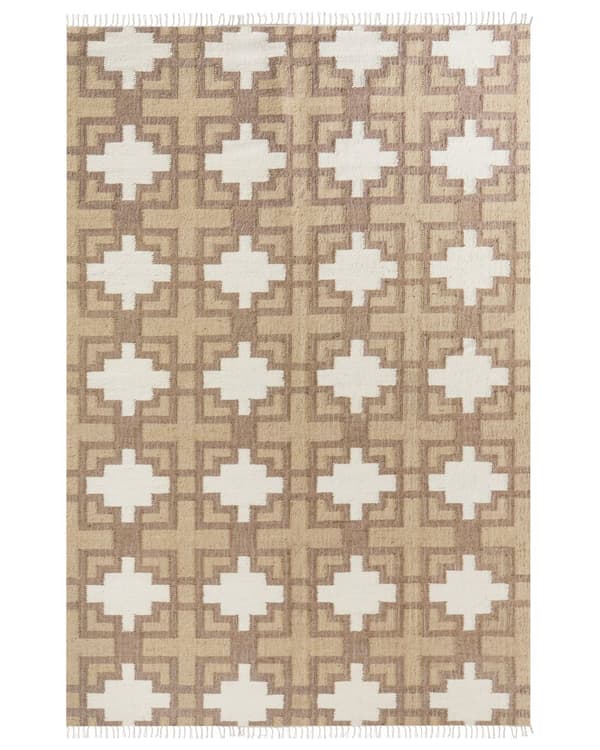 Beige bomuldsjutetæppe 200 x 300 cm flettet håndlavet med kvaster naturlig boho-stil