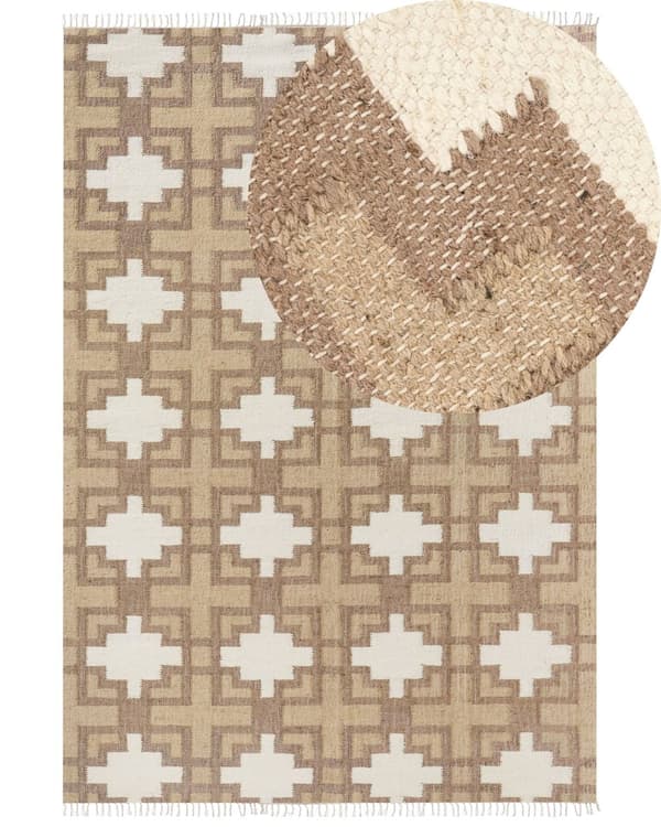 Beige bomuldsjutetæppe 200 x 300 cm flettet håndlavet med kvaster naturlig boho-stil