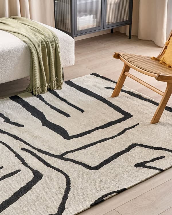 Gulvtæppe Beige Sort Polyester 160 x 230 cm Designtæppe med Mønster Fladvævet Løs Tæppe til Gulvet under Sofabord Gulvtæp Lyddæmpende