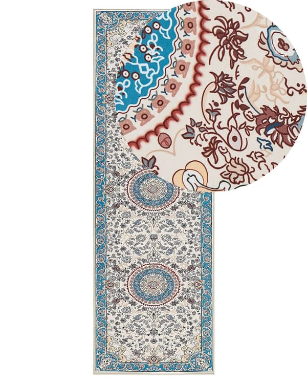Tæppe beige-blå 80 x 240 cm orientalsk mønster skridsikker underside vintagestil til entréen