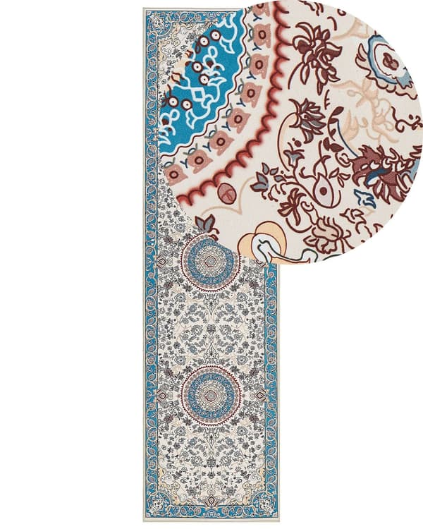 Tæppe beige-blå 80 x 300 cm orientalsk mønster skridsikker underside vintagestil til entréen
