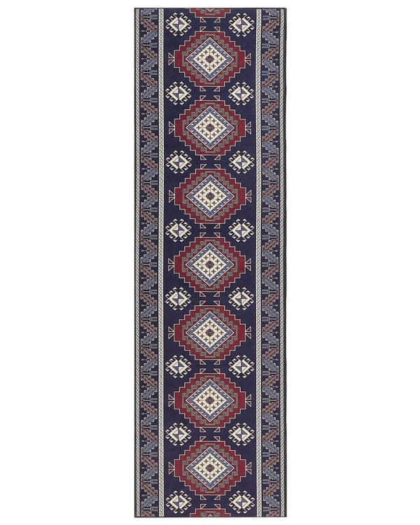 Gulvtæppe blå rød 60 x 200 cm polyester orientalsk mønster rektangulært vævet retro