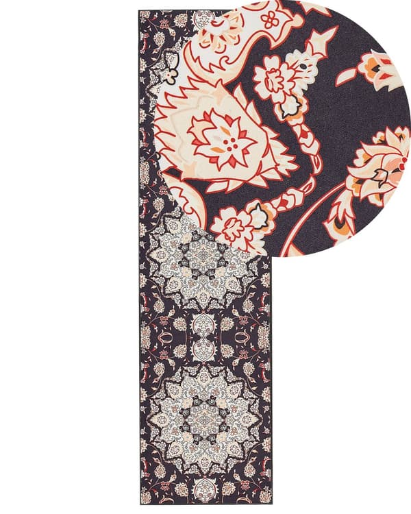 Gulvtæppe sort og beige 80 x 300 cm orientalsk mønster skridsikker underside vintagestil til entréen