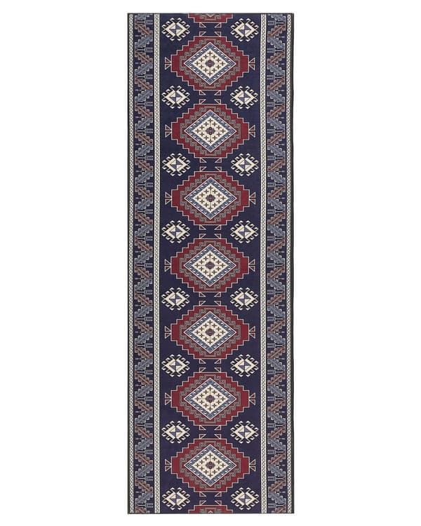 Gulvtæppe blå rød 80 x 240 cm polyester orientalsk mønster rektangulært vævet retro