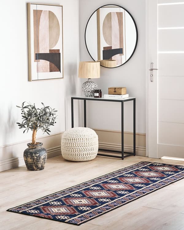 Gulvtæppe blå rød 80 x 240 cm polyester orientalsk mønster rektangulært vævet retro