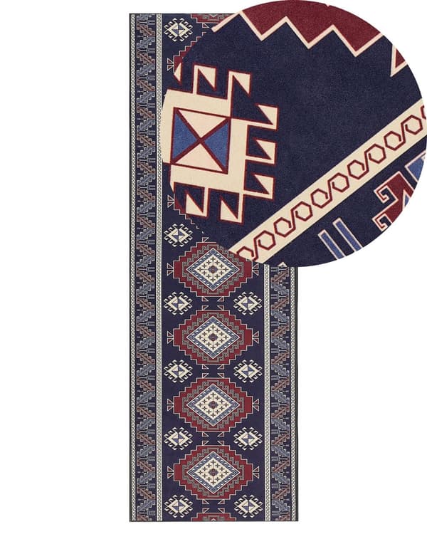 Gulvtæppe blå rød 80 x 240 cm polyester orientalsk mønster rektangulært vævet retro