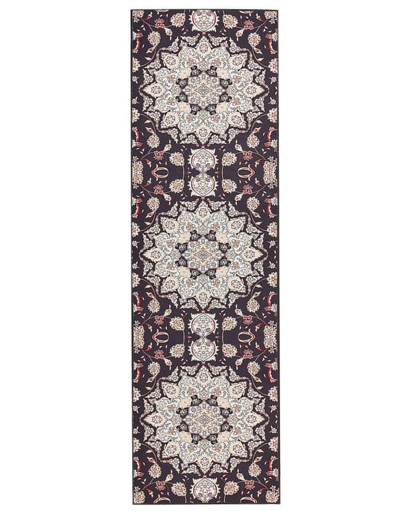 Gulvtæppe sort og beige 60 x 200 cm orientalsk mønster skridsikker underside vintagestil til entréen