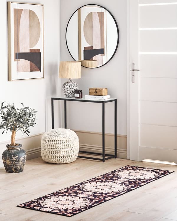 Gulvtæppe sort og beige 60 x 200 cm orientalsk mønster skridsikker underside vintagestil til entréen