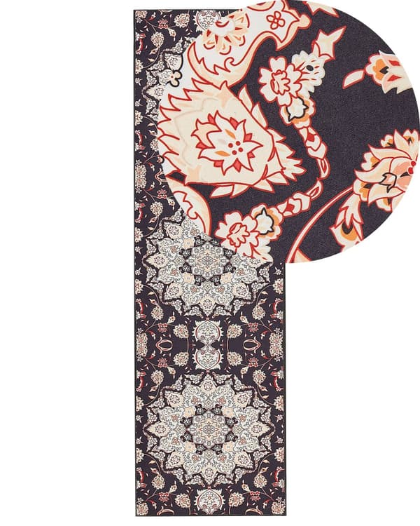 Gulvtæppe sort og beige 60 x 200 cm orientalsk mønster skridsikker underside vintagestil til entréen