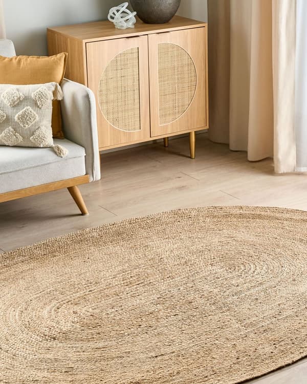 Gulvtæppe Beige Jute 160 x 230 cm Dekorativ Ovalt Løs Håndvævet Tæppe Tilbehør til Stue Entré Soveværelse Indretning Natur Inspireret Boho