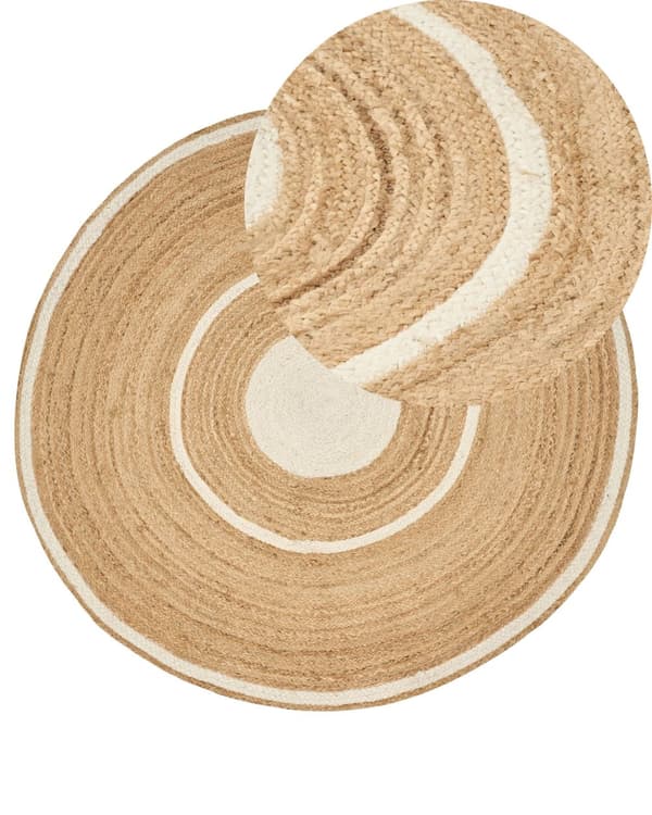 Beige og hvidt jutetæppe ø 140 cm dekorativt håndknyttet i boho-stil til entréen stuen