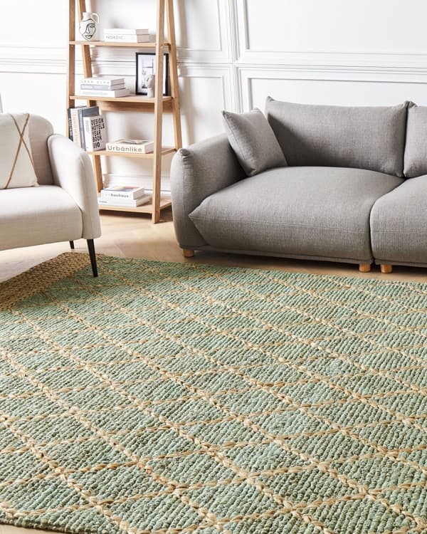 Gulvtæppe Beige Grøn Jute 200 x 300 cm Natur Tæppe Mønster Rustik Boho Stil Fladvævet Gulvtæp Flettet Jutetæppe til Sofabord Indretning