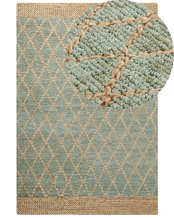 Gulvtæppe Beige Grøn Jute 200 x 300 cm Natur Tæppe Mønster Rustik Boho Stil Fladvævet Gulvtæp Flettet Jutetæppe til Sofabord Indretning