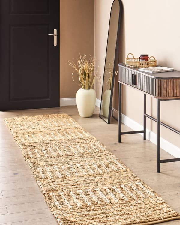 Beige jutetæppe 80 x 300 cm stribet mønster håndvævet i boho-stil til entreen soveværelset