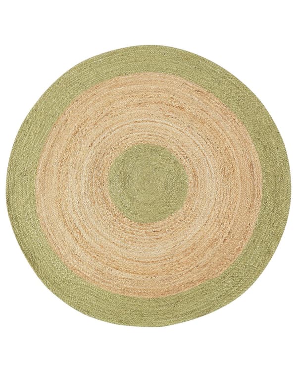 Beige og grønt jutetæppe ø 140 cm dekorativt håndknyttet i boho-stil til entréen stuen
