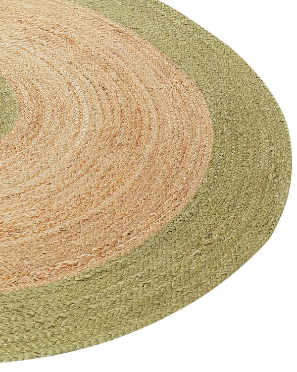 Beige og grønt jutetæppe ø 140 cm dekorativt håndknyttet i boho-stil til entréen stuen