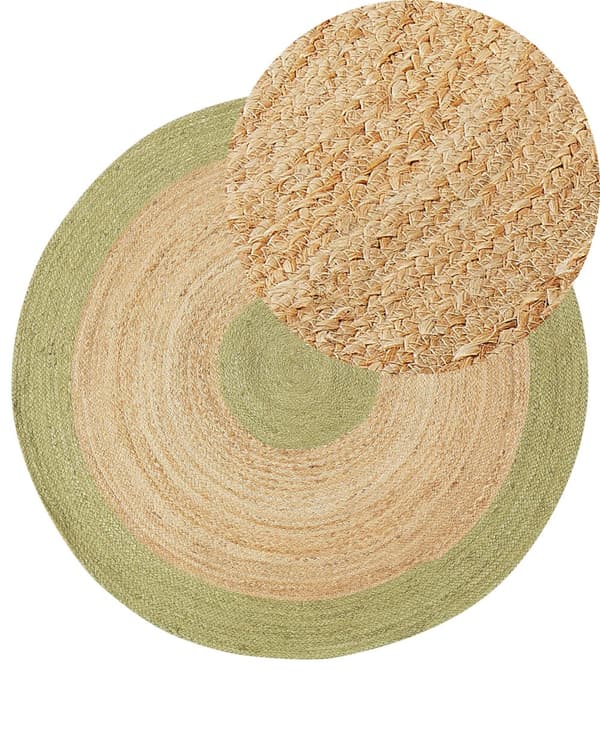 Beige og grønt jutetæppe ø 140 cm dekorativt håndknyttet i boho-stil til entréen stuen