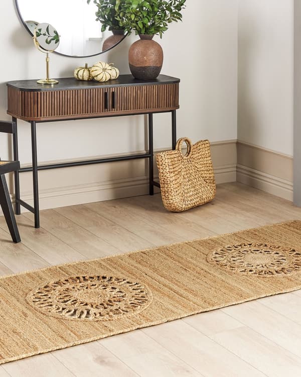 Tæppeløber Beige Jute 80 x 300 cm Fladvævet Løs Gulvløber til Entre Tæppe Mønstret Håndvævet Flettet Lang Gulvtæppe til Gang Tilbehør