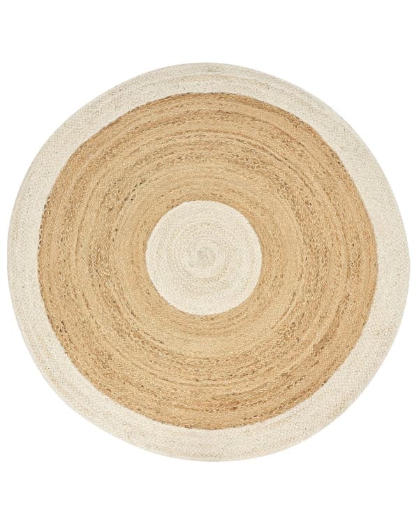 Beige og hvidt jutetæppe ø 140 cm dekorativt håndknyttet i boho-stil til entréen stuen