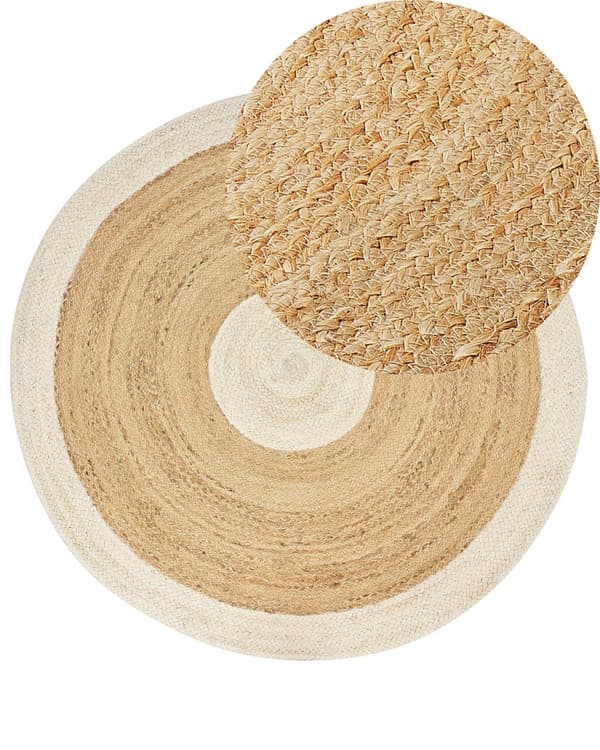 Beige og hvidt jutetæppe ø 140 cm dekorativt håndknyttet i boho-stil til entréen stuen