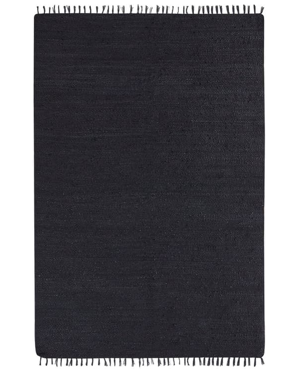 Sort jutetæppe 200 x 300 cm med kvaster håndknyttet i boho-stil til entréen