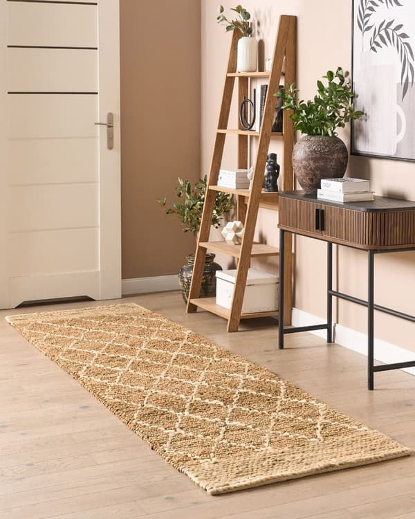 Tæppeløber Beige Jute 80 x 300 cm Fladvævet Løs Gulvløber til Entre Tæppe Mønstret Håndvævet Flettet Lang Gulvtæppe til Gang Tilbehør