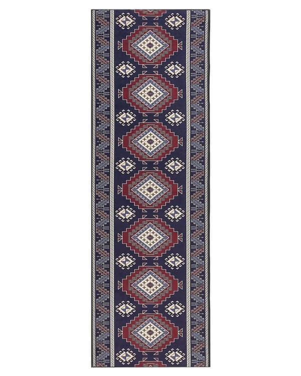 Gångmatta Blå och Röd Polyester 80 x 240 cm Orientaliska Mönster Halkfri Botten Vintage Stil Modern Hall
