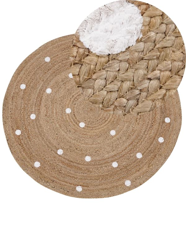 Rund Matta Beige Jute ø 140 cm Enfärgad med Prickigt Mönster Vardagsrum Sovrum