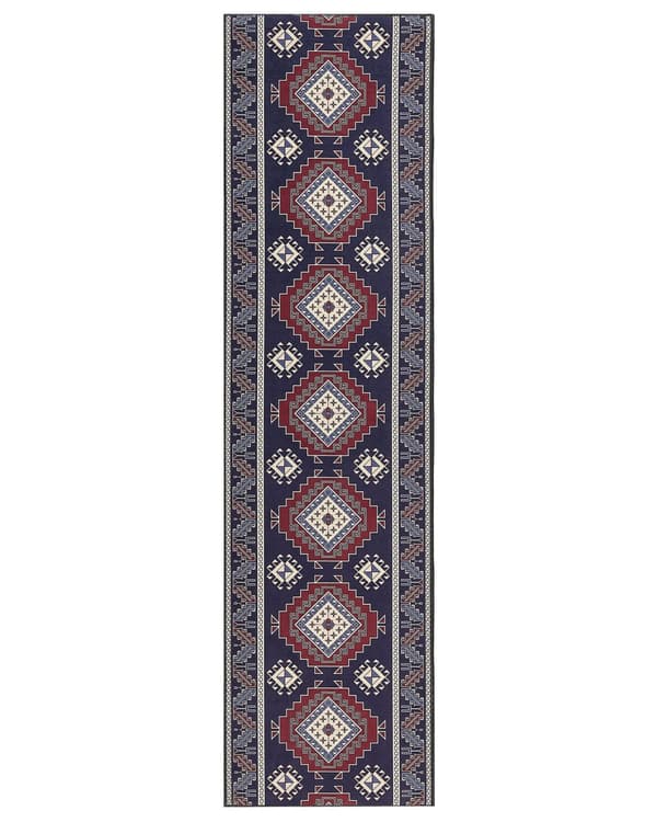 Gångmatta Blå och Röd Polyester 80 x 300 cm Orientaliska Mönster Halkfri Botten Vintage Stil Modern Hall