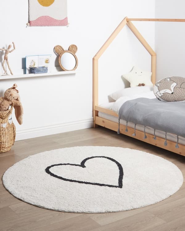 Matta Beige och svart Bomull ø 140 cm Rund med hjärtmönster Boho-stil Vardagsrum Barn Barnrum
