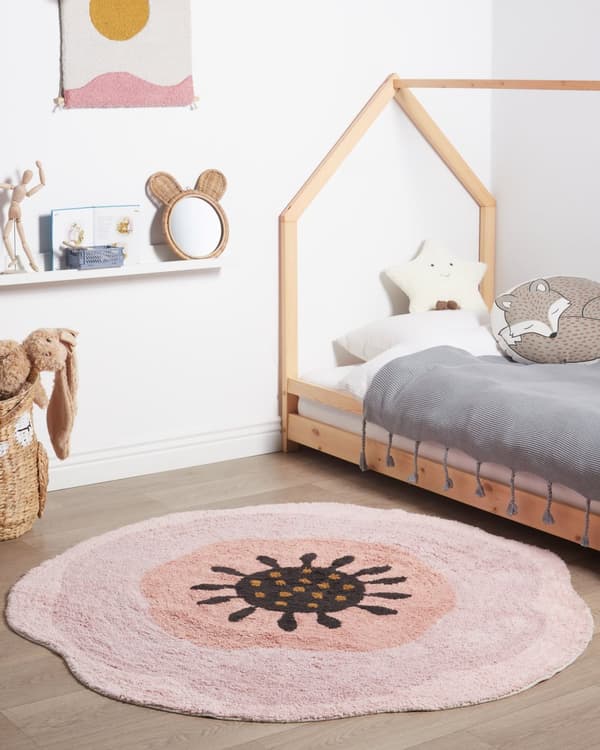Matto vaaleanpunainen 140 cm puuvilla kukkakuvio pyöreä lastenhuoneen boho