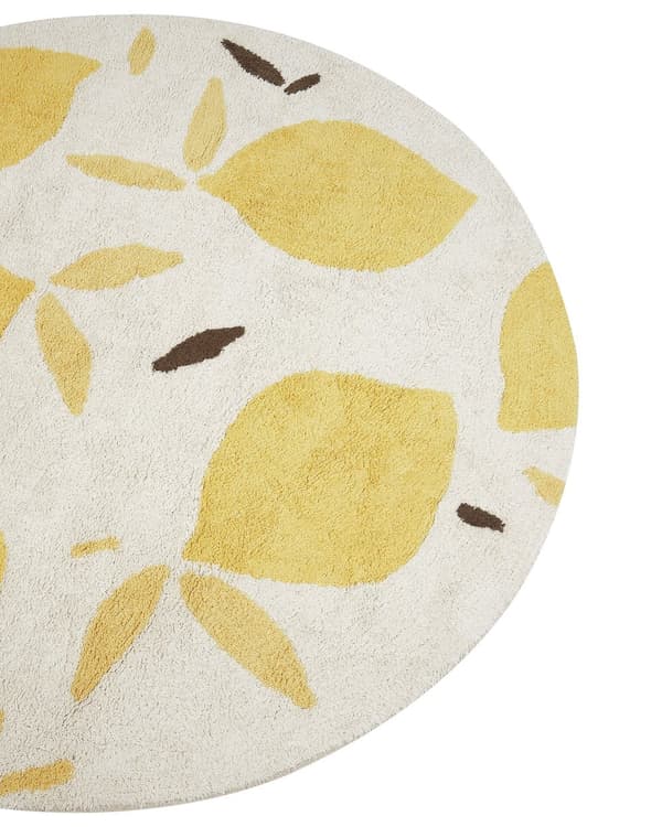 Matto vaalea beige 140 cm puuvilla keltainen sitruunakuvio pyöreä tuftattu lastenhuoneen boho